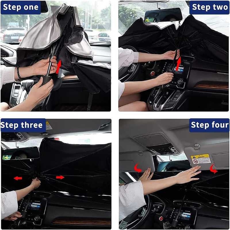 Premium retractable pop up car sun shade for front window, black 55x31 inches with open fork design for rearview mirror.
