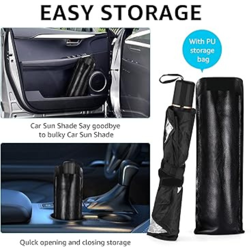 Premium retractable pop up car sun shade for front window, black 55x31 inches with open fork design for rearview mirror.
