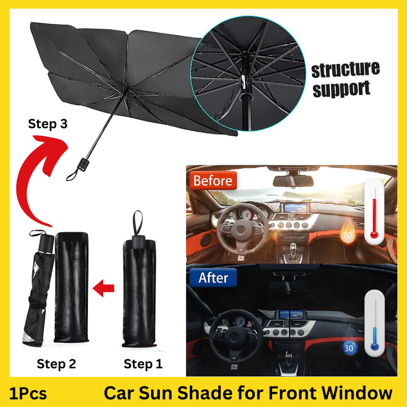 Premium retractable pop up car sun shade for front window, black 55x31 inches with open fork design for rearview mirror.