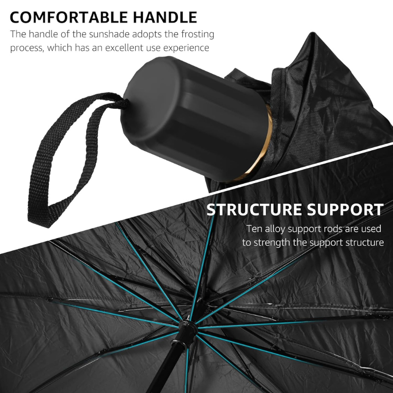 Premium retractable pop up car sun shade for front window, black 55x31 inches with open fork design for rearview mirror.