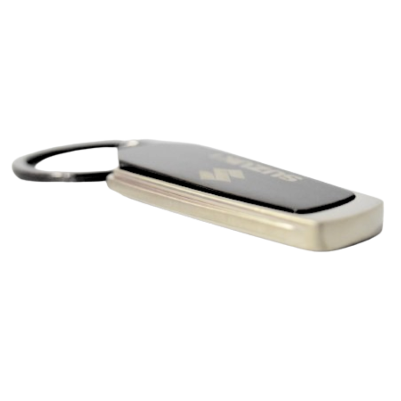 Suzuki genuine key chain with a metallic rectangle design featuring the Suzuki logo.