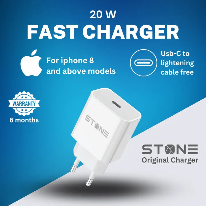 20 W Fast Charger for iphones , apple devices | Usb - C | Free USB - S to lightening cable | Stone Technologies | 6 month warranty