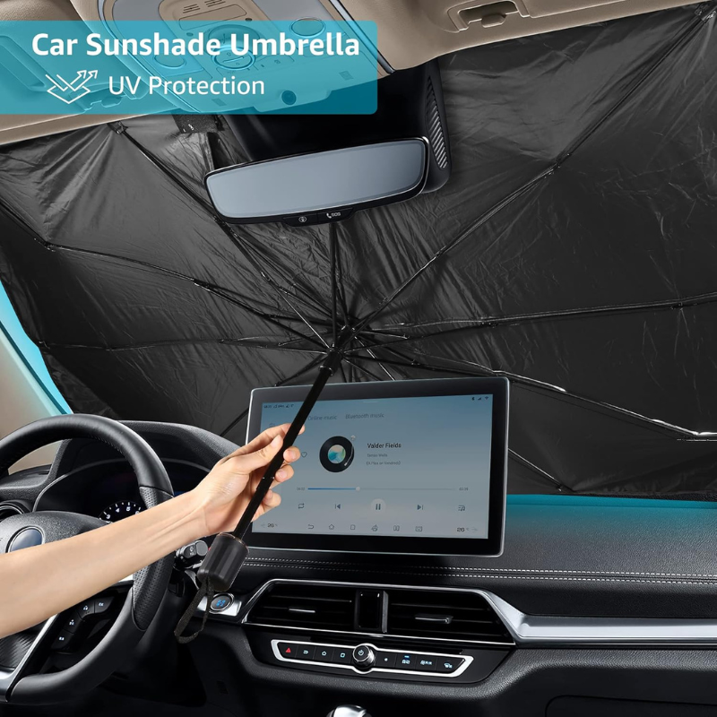 Premium retractable pop up car sun shade for front window, black 55x31 inches with open fork design for rearview mirror.