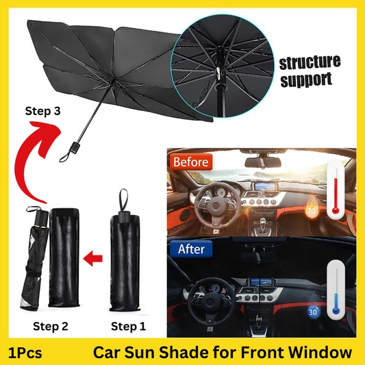 Premium retractable pop up car sun shade for front window, black 55x31 inches with open fork design for rearview mirror.