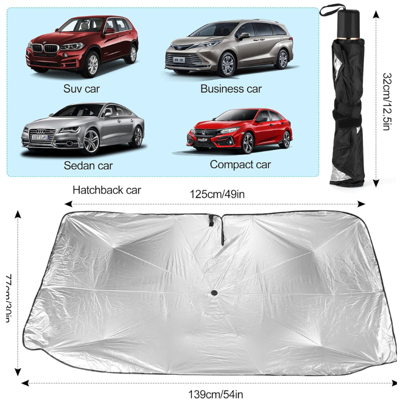 Premium retractable pop up car sun shade for front window, black 55x31 inches with open fork design for rearview mirror.